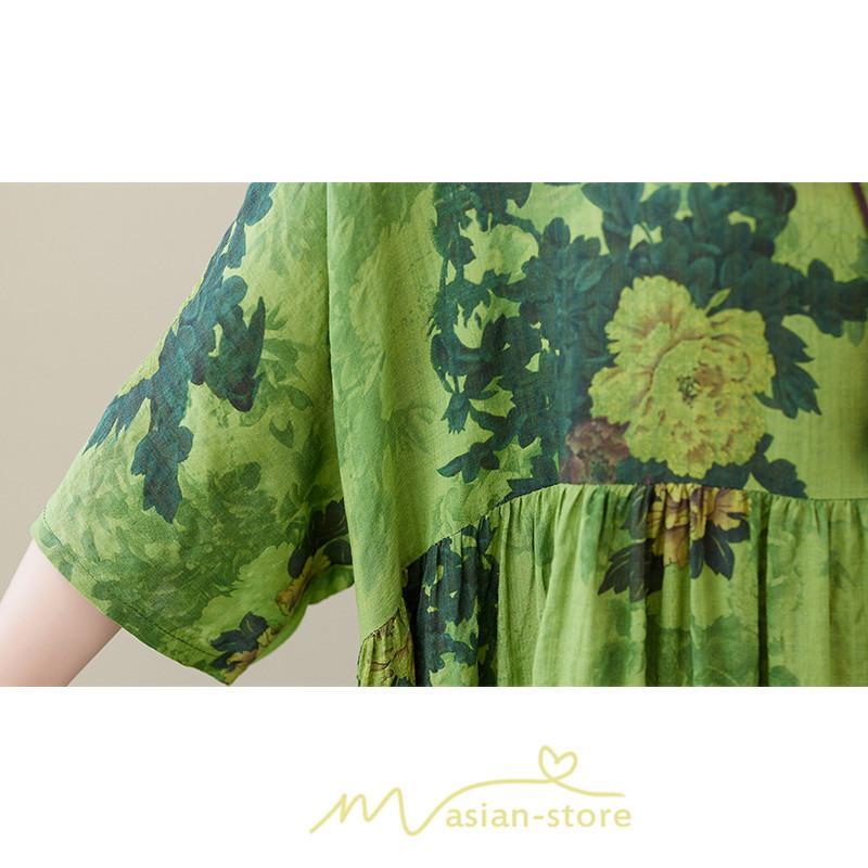 マキシ | ワンピース レディース 大きいサイズ 半袖 ロング丈 マキシ丈 クルーネック コットン 花柄 緑 夏 体型カバー 広がる裾 着痩せ 美シルエット ゆったり ポケット