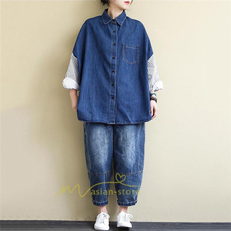 シャツ・ブラウス | デニム風シャツ レディース 異素材切替 シャツブラウス カジュアル 長袖シャツ 春服 胸ポケット トップス ゆったり 20代30代40代50代 おしゃれ 羽織り 通勤通学