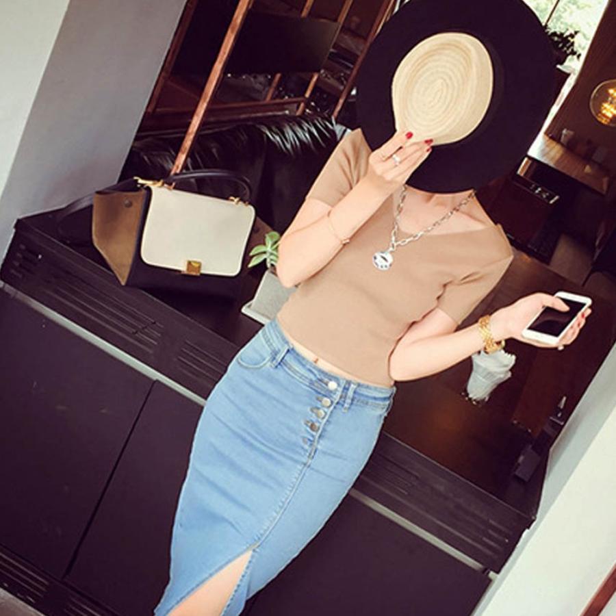 クロップドパンツ | 着やせ スカート デニムスカート ひざ下 タイトスカート レディース デニム フロントボタン 細見え スリット