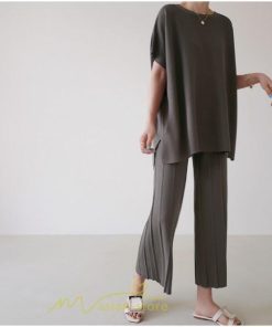 送料無料SALE | セットアップ ニット トップス パンツ ストレッチ 涼感 夏ニット 半袖 九分丈 ウエストゴム レディース 2点セット ゆったり Vネック 無地 30代40代 上品