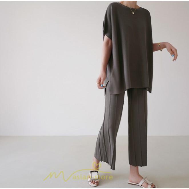 送料無料SALE | セットアップ ニット トップス パンツ ストレッチ 涼感 夏ニット 半袖 九分丈 ウエストゴム レディース 2点セット ゆったり Vネック 無地 30代40代 上品