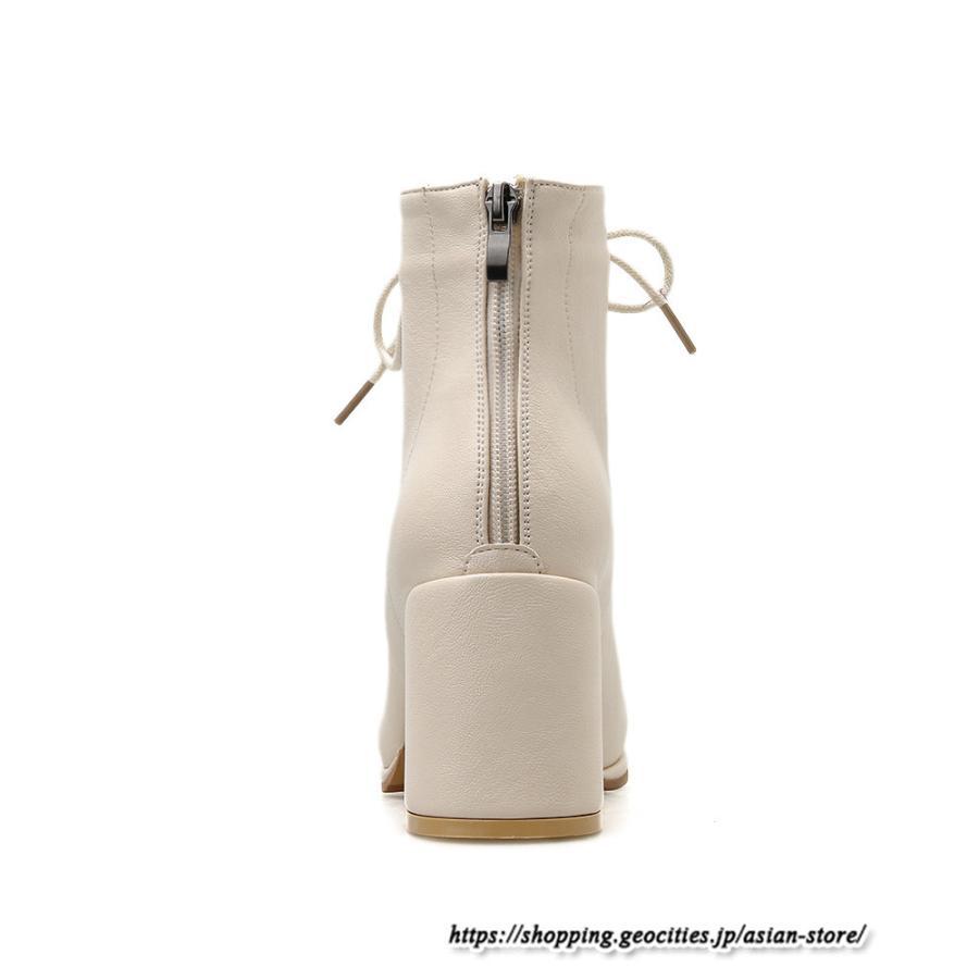 ショートブーツ | レディース 裏起毛なし 裏起毛あり スクエアトゥ ブーツ チャンキーヒール 太ヒール シューズ ハイヒール レースアップ 後ろファスナー 靴