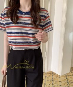 ｔシャツ・カットソー | Tシャツ レディース 40代 春夏 オシャレブラウス 韓国風 チュニック 半袖Tシャツ ストライプ柄 通勤通学 カジュアル アウター ゆったり 着痩せ お出かけ 丸首