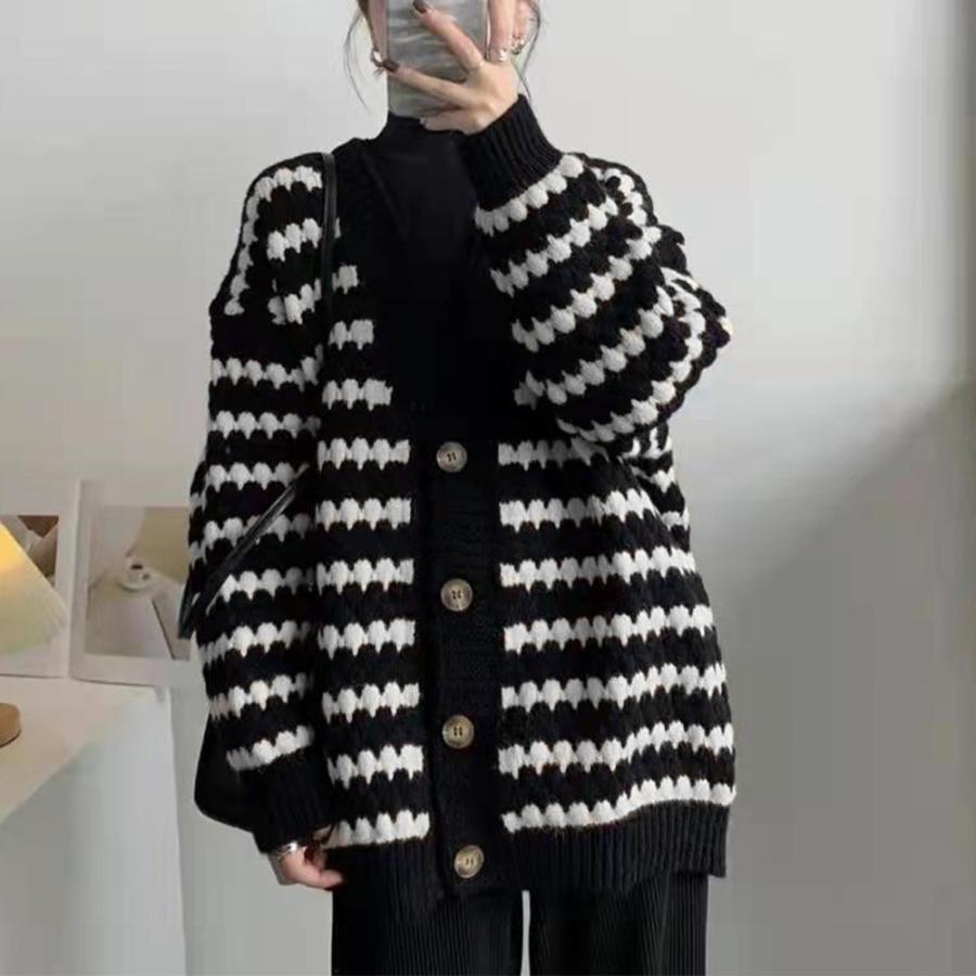 カーディガン | 配色ボーダー柄ニットカーディガンVネック