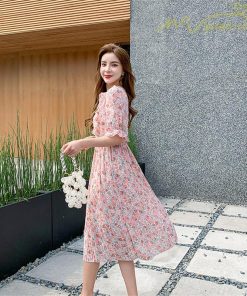 ミディアム | ワンピース プリーツフレア フェミニン Aライン リボンデザイン 小花柄 リゾートワンピ ウエストゴム ハイウエスト 2020新制作 ピンタック 夏コーデ 薄手