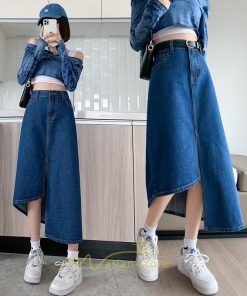 スカート | バッグゴムデニムロング秋冬 ミモレ丈 秋物 レディース 不規則裾 フロントスリット Aライン大きいサイズあり デニム スカート 6XL