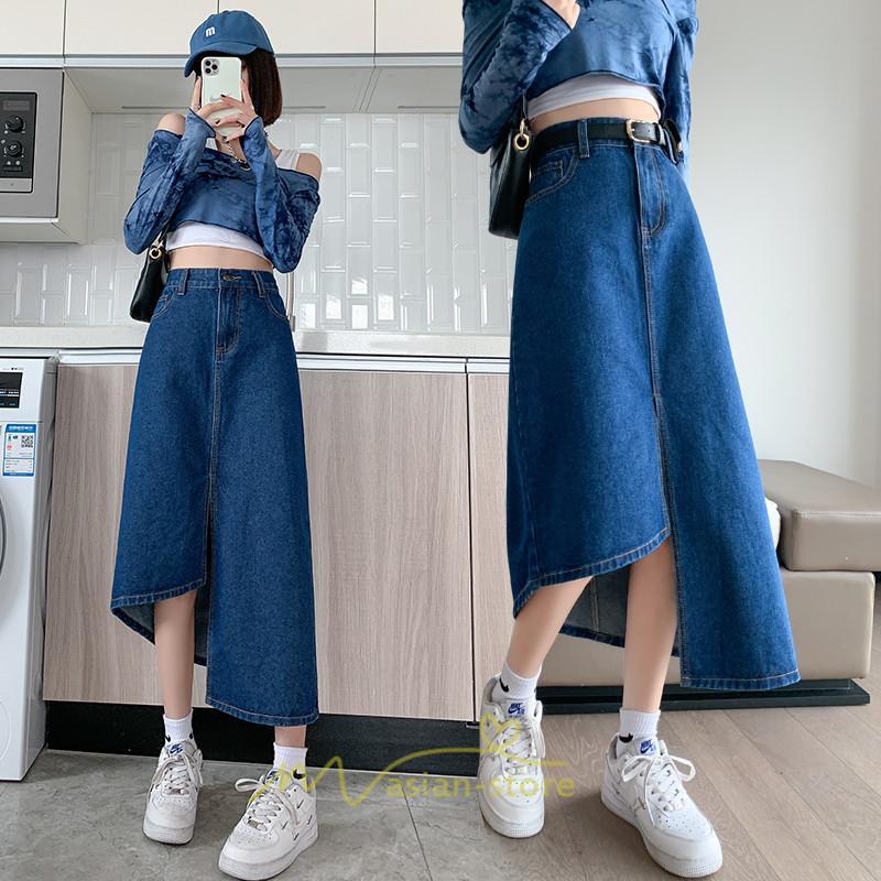 スカート | バッグゴムデニムロング秋冬 ミモレ丈 秋物 レディース 不規則裾 フロントスリット Aライン大きいサイズあり デニム スカート 6XL
