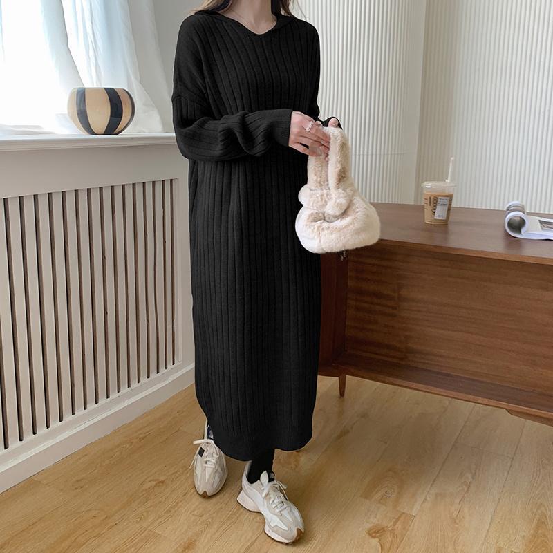 ニットワンピース | ワンピース 秋冬 太めリブニット ロングワンピース ミモレ丈 無地 フード付き 帽子 ストレッチ 大人 セーター 50代 長袖 20代30代 アウター
