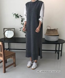 ベスト | ニットベストワンピース ロングレディース ベストワンピース ロングワンピース ニットワンピース ノースリーブ 袖なし サイドスリット入れ 丸首 無地