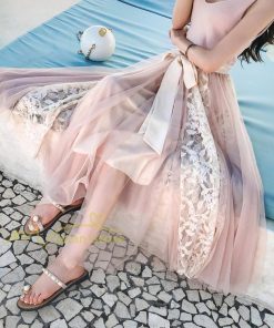 スカート | フレア チュールレディース ロングウエストゴム 春夏 リボン マキシ ドッキング 20代30代40代 着痩せ カジュアル お出かけ