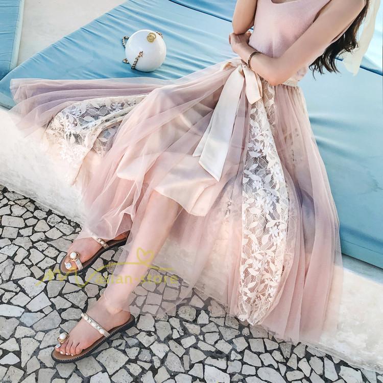 スカート | フレア チュールレディース ロングウエストゴム 春夏 リボン マキシ ドッキング 20代30代40代 着痩せ カジュアル お出かけ