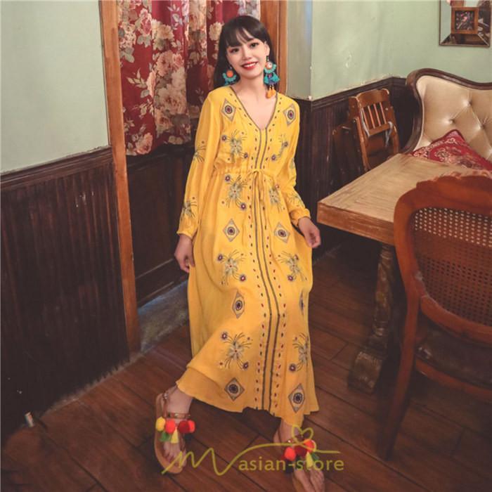 マキシ | ワンピース 長袖 レディース ロング丈 マキシ丈 綿麻 コットン リネン Aライン ゆったり 体型カバー 大人 可愛い 海外旅行 秋 夏 エスニック ナチュラル 春