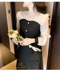 ミディアム | Aラインワンピース 切り替えワンピース 秋コーデ レディース 長袖 膝丈ワンピース 美ライン シルエット 無地 フォーマル 黒ワンピース お呼ばれ オフィス