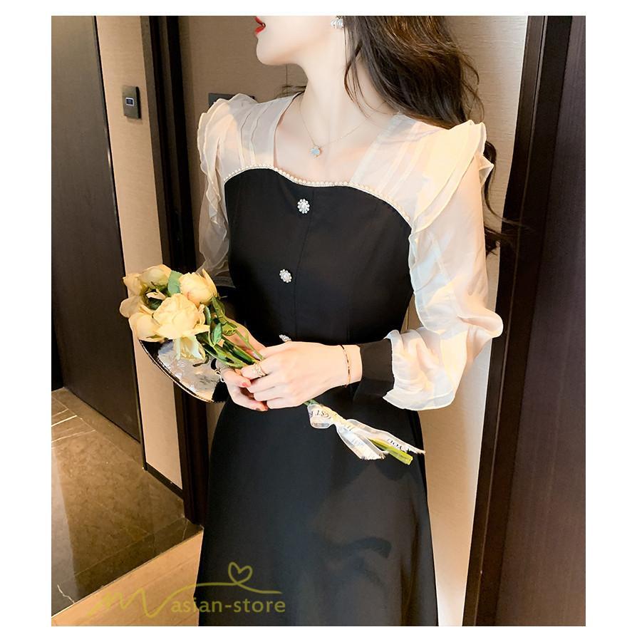 ミディアム | Aラインワンピース 切り替えワンピース 秋コーデ レディース 長袖 膝丈ワンピース 美ライン シルエット 無地 フォーマル 黒ワンピース お呼ばれ オフィス