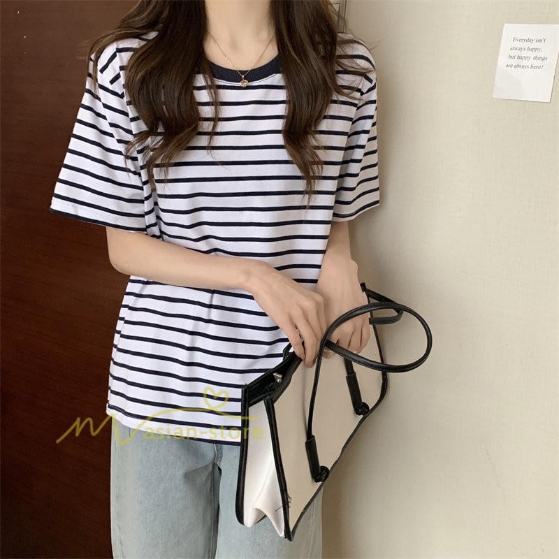 tシャツ・カットソー | Tシャツ レディース 春夏 トップス カットソー 半袖 シャツ ストライプ柄 20代30代40代50代 カジュアル お出かけ 上品 韓国ファッション 着回し 着痩せ 快適