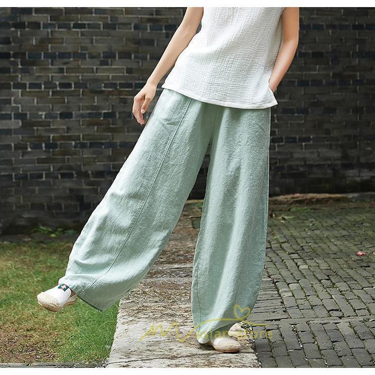 ワイドパンツ | 夏パンツ レディース パフパンツ ロングパンツ 綿麻パンツ 涼しい ゆったり ウエストゴム 可愛い 20代30代40代50代60代 無地 大人 大きめ