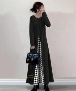 マキシ | ロングワンピース 秋冬ワンピース チェックワンピース 切り替え フェイク レイヤード風 レディース Vネック 秋服 秋物 秋冬服 秋服春 30代40代50代