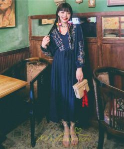 マキシ | ロングワンピース レディース ワンピ 夏 秋 長袖 可愛い 部屋着 リゾート Vネック 綿麻 花柄 高見え 旅行 20代30代40代 エスニック風 細見え レトロ風 お泊り