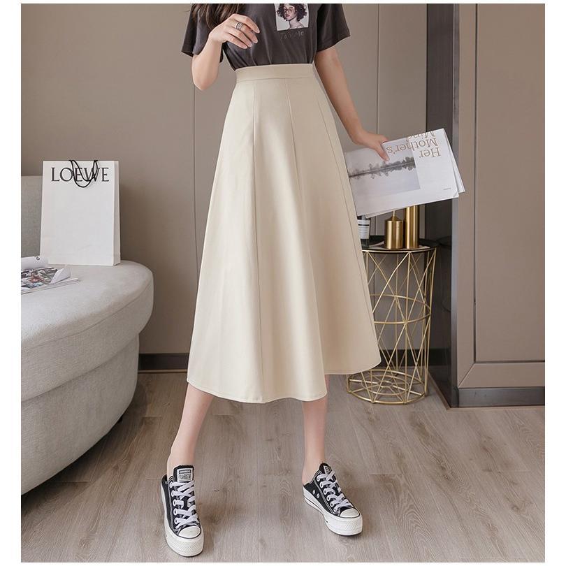 スカート | ミモレフレアAライン無地 エレガント 大きいサイズ 裾広い ハイウエスト 着痩せ 裏地付き 後ろファスナー レディース 通学通勤 体型カバー