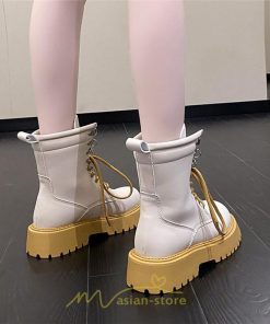 ショートブーツ | ブーツ レディース トレンド ミドル 厚底 袴ブーツ 黒 レースアップ 編み上げ イエロー ホワイト 卒業式 通勤 通学 オフィス 歩きやすい