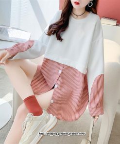 パーカー | 重ね着風トレーナー レディース 長袖 トップス カジュアル スウェット ストライプ柄 ゆったり トレーナー トップス きれいめ レイヤード風 可愛い 切り替え