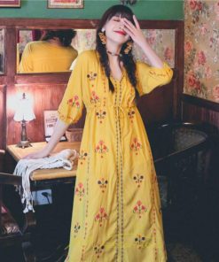 マキシ | ロング丈ワンピース レディース 花柄 Aライン 七分袖 ロング丈 ゆるシンプル きれいめ Vネック カジュアル 細見え 白 リゾート 黄色 上品 華やか 旅行