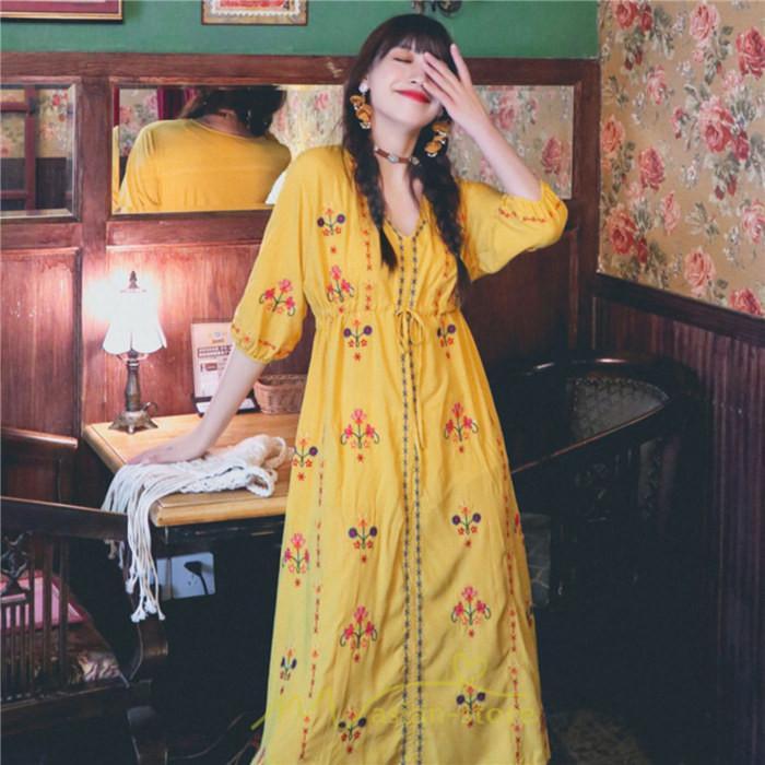 マキシ | ロング丈ワンピース レディース 花柄 Aライン 七分袖 ロング丈 ゆるシンプル きれいめ Vネック カジュアル 細見え 白 リゾート 黄色 上品 華やか 旅行