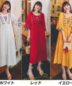 マキシ | ワンピース トップス ロング ロングワンピース 綿麻 夏秋 レディース 大人 おしゃれ シンプル ナチュラル カジュアル 刺繍 花柄 丸首 華やか 上品