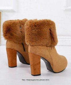 ブーツ | ショートレディース ハイヒール 10cmヒール 厚底 冬用 保温防寒 スエード調 ファー 靴 冬靴 太めヒール シューズ サイドジッパー 痛くない