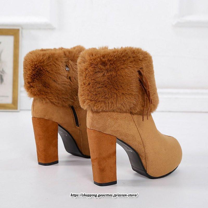 ブーツ | ショートレディース ハイヒール 10cmヒール 厚底 冬用 保温防寒 スエード調 ファー 靴 冬靴 太めヒール シューズ サイドジッパー 痛くない