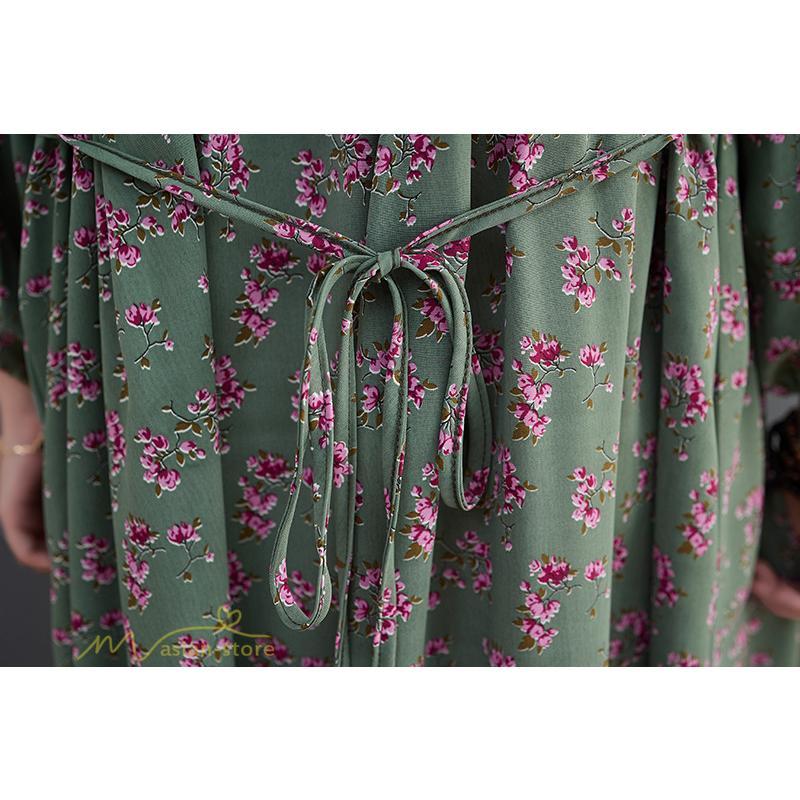 マキシ | ワンピース レディース Vネック 7分袖 秋 ロングワンピース フリーサイズ 花柄 40代 50代 大人 レトロ風 ゆるワンピース カジュアル 秋コーデ 30代 大人 20代