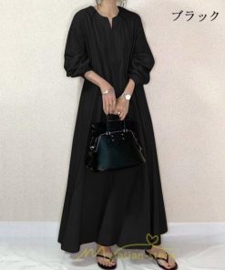 マキシ | 秋ワンピース 長袖ワンピース レディース 秋物 ワンピース 綿麻風 パフスリーブ ボリューム袖 無地 大きめ Vネック フレアワンピース ロングワンピース