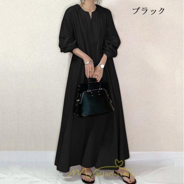 マキシ | 秋ワンピース 長袖ワンピース レディース 秋物 ワンピース 綿麻風 パフスリーブ ボリューム袖 無地 大きめ Vネック フレアワンピース ロングワンピース
