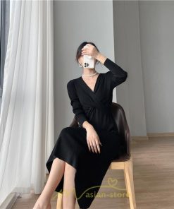 ニットワンピース | 二ットワンピース レディース ニットワンピ Vネック 長袖 トップス チュニック ロング丈 ミモレ丈 着痩せ 秋 冬 コーデ 20代30代40代 フェミニン 上品 大人