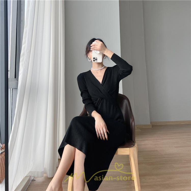 ニットワンピース | 二ットワンピース レディース ニットワンピ Vネック 長袖 トップス チュニック ロング丈 ミモレ丈 着痩せ 秋 冬 コーデ 20代30代40代 フェミニン 上品 大人