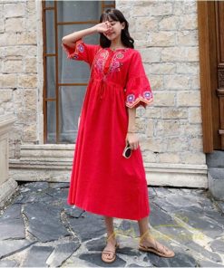 マキシ | ワンピース 半袖 夏物 レディース 秋服 綿麻 刺繍 フレアスリーブ ロングワンピース ミモレ丈 五分袖 ウエストゴム 大人 30代40代 Aラインワンピ リボン付き