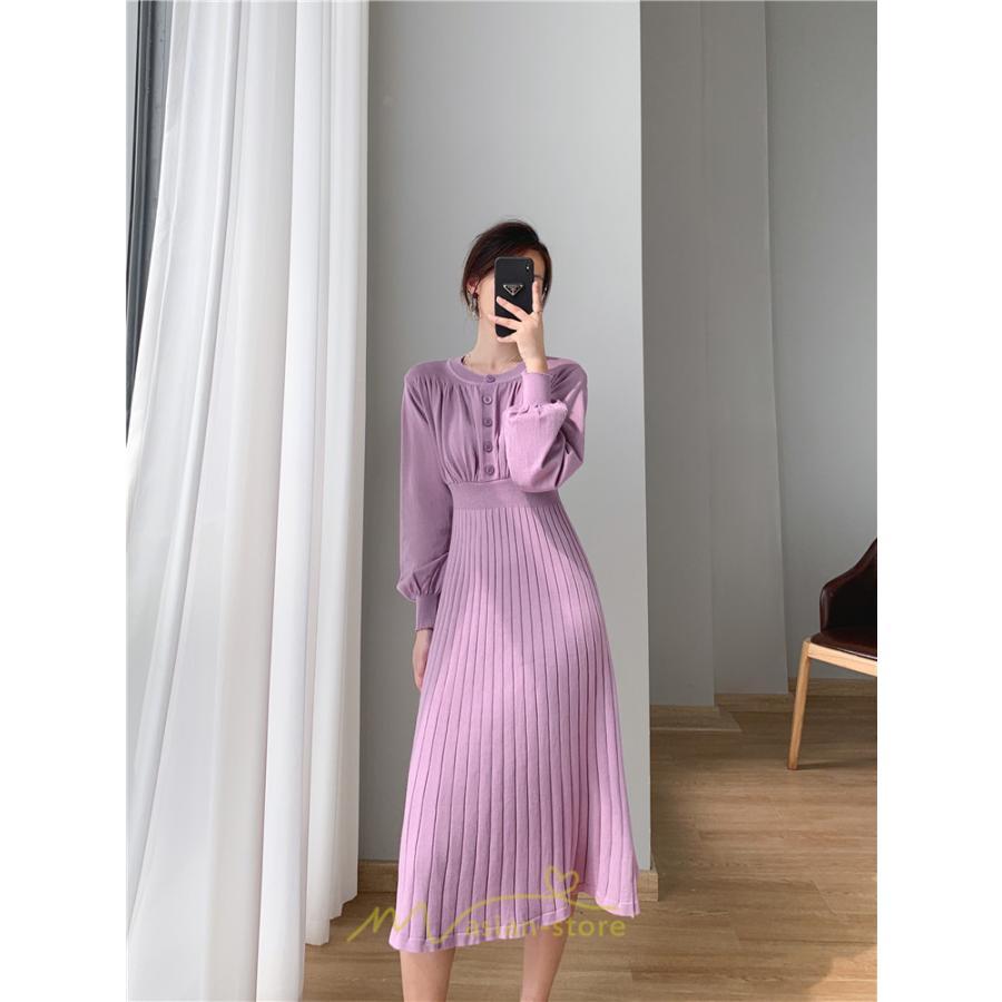 ニットワンピース | レディース 冬 きれいめ ロング おしゃれ 秋冬 長袖 送料無料 着痩せ 無地 通勤 提灯袖 可愛い パフスリーブ 20代30代40代50代