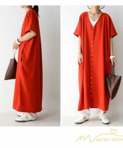 マキシ | ワンピース 五分袖 ロングワンピース レディース 秋物 夏 羽織り ゆったり 大きめ ポケット Aラインワンピース 30代40代50代 無地 可愛い 落ち感 Vネック 大人
