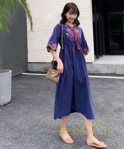 マキシ | ワンピース 半袖 夏物 レディース 秋服 綿麻 刺繍 フレアスリーブ ロングワンピース ミモレ丈 五分袖 ウエストゴム 大人 30代40代 Aラインワンピ リボン付き