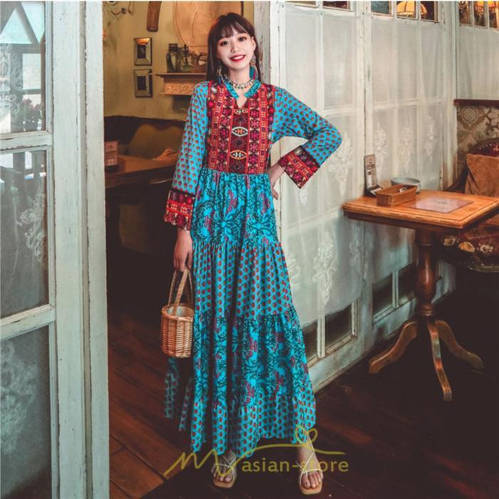 マキシ | ワンピース ロング 着やせ効果抜群 夏秋 長袖 他と被らない 刺繍 上品 きれいめ ロングワンピース マキシワンピ 舞台 演出 パーティー ダンス