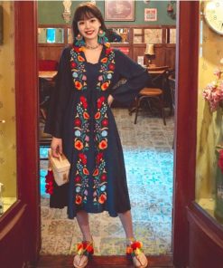 マキシ | エスニック刺繍ワンピース ロングワンピース 夏 秋 長袖 大人可愛い ゆったり リゾート 民族風 刺繍 着痩せ 20代30代40代 大人 Aライン エレガント 体型カバー