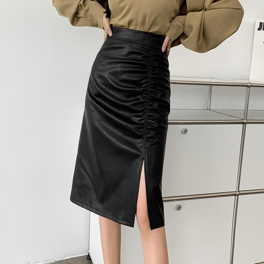 ひざ丈スカート | フェイクレザー タイトスカート スリット