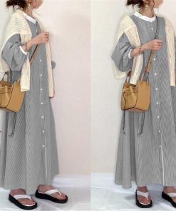 マキシ | 長袖ワンピース ロングワンピース シャツワンピース 羽織り 30代40代50代 ゆったり 秋物 Aラインワンピース ストライプ レディース 大人 送料無料