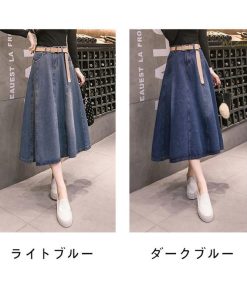 スカート | デニムプリーツフレア ハイウエスト スタイリッシュ ミディアム韓国風 上品 Aライン 大きいサイズ ゆったり 人気 レディース 春秋コーデ
