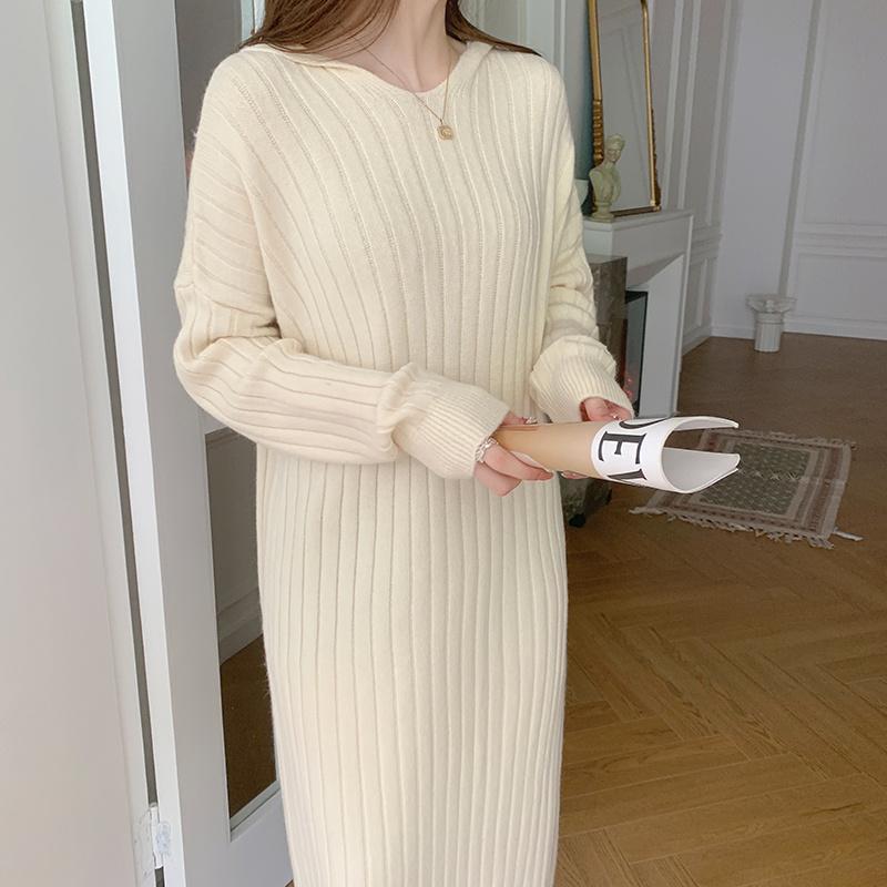 ニットワンピース | ワンピース 秋冬 太めリブニット ロングワンピース ミモレ丈 無地 フード付き 帽子 ストレッチ 大人 セーター 50代 長袖 20代30代 アウター