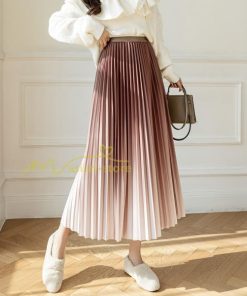 スカート | プリーツロングミモレ丈 グラデーションAラインウエストゴム ハイウエスト 秋冬 無地 ゆったり 大人 通学通勤