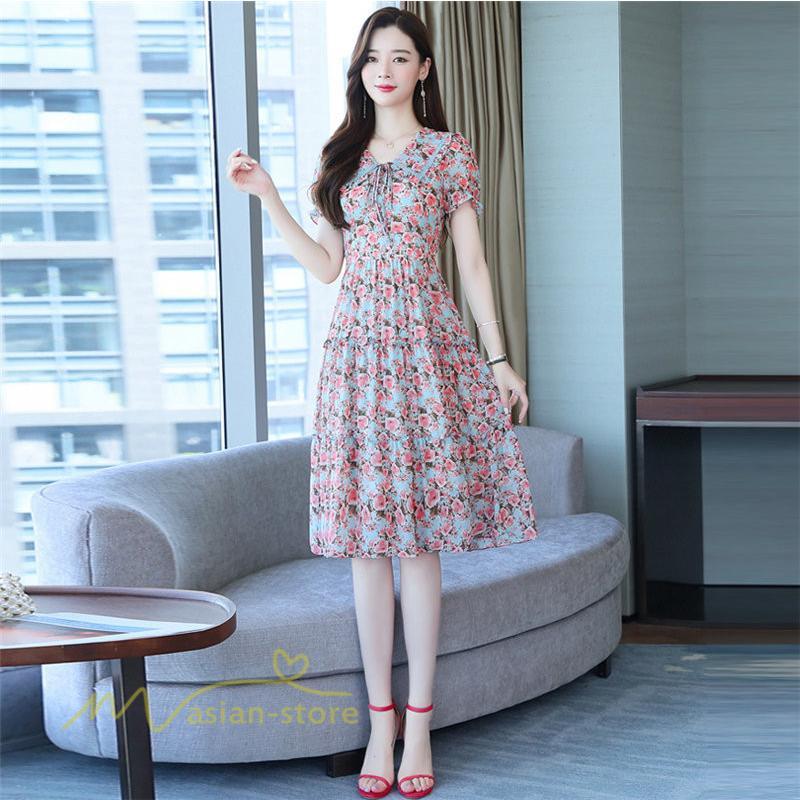 ミディアム | ワンピース レディース Aライン カジュアル Vネック サマー 半袖 ひざ丈 ミディアムワンピース 大きいサイズ 上品 花柄 着痩せ サマーワンピース 夏服