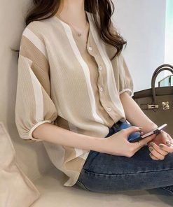 シャツ・ブラウス | ブラウス レディース 五分袖 薄手 ストライプシャツ トップス 羽織り 前開き 可愛い Vネック 40代 ブラウスシャツ 夏服 大人 20代30代