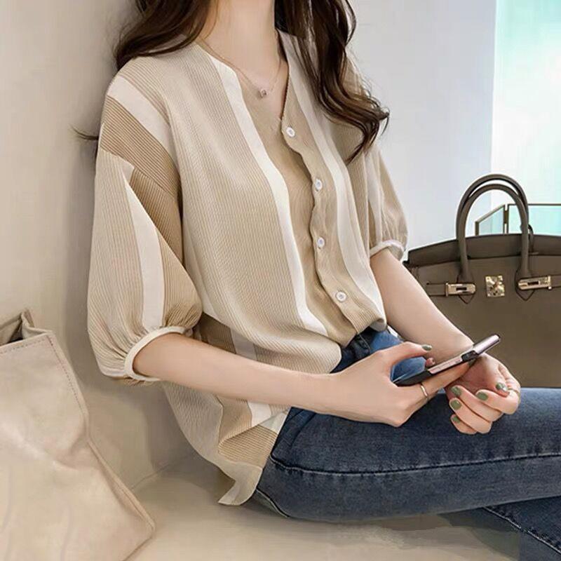 シャツ・ブラウス | ブラウス レディース 五分袖 薄手 ストライプシャツ トップス 羽織り 前開き 可愛い Vネック 40代 ブラウスシャツ 夏服 大人 20代30代
