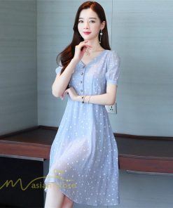 ミディアム | ワンピース レディース 着痩せ 半袖 Vネック カジュアル Aラインワンピース 大きいサイズ 上品 ドット柄 気質 春 新作 サマーワンピース 夏 おしゃれ